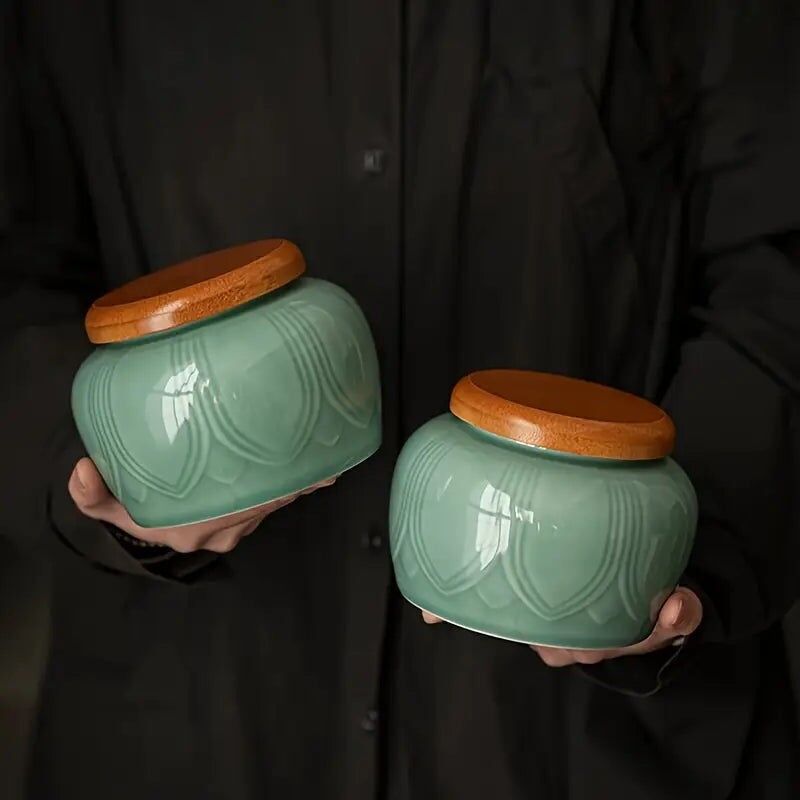 Barattolo in ceramica blu-verde - Decorazione a forma di foglia di loto, casa e cucina