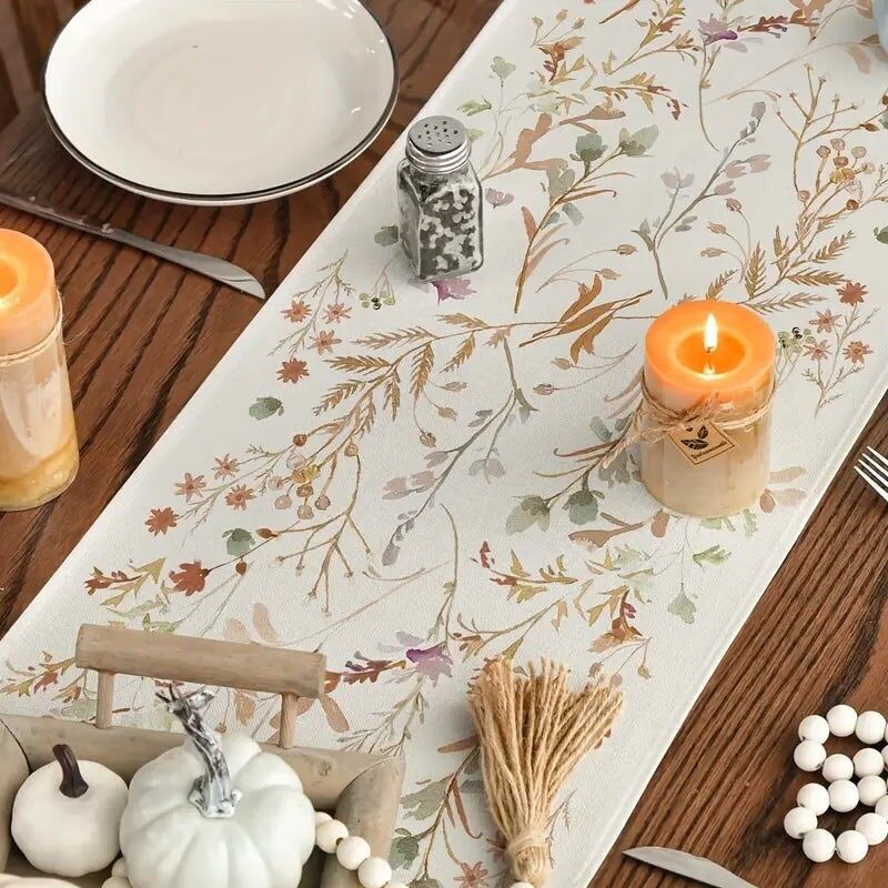 Runner da tavola autunnale in lino - Decorazioni floreali con foglie per il Ringraziamento