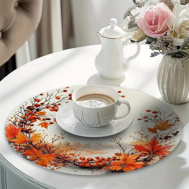 Tovagliette rotonde in lino - 4 tovagliette rustiche lavabili con motivo a bacche