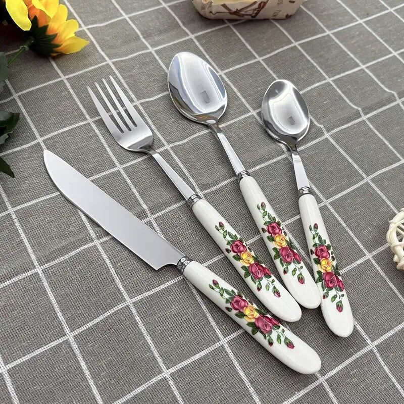 Floral Cutlery Set 24pc: Stainless Steel, Ceramic Handles