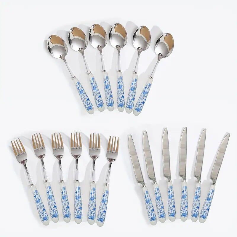 Service de couverts en porcelaine à motif floral bleu (18 pièces) - Salle à manger, fêtes