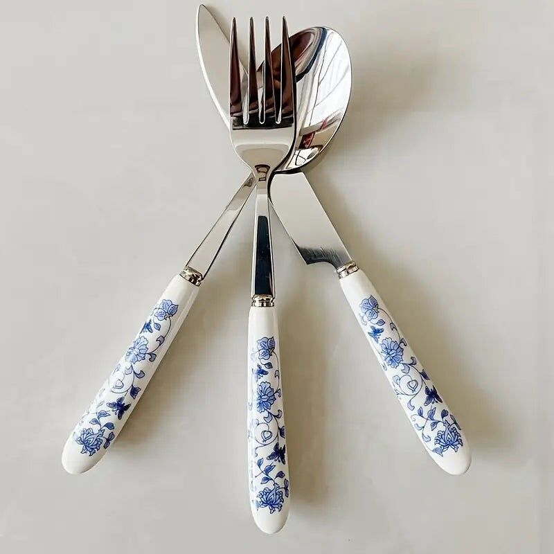 Ensemble de couteaux à manche en céramique florale - Couverts de cuisine en acier inoxydable