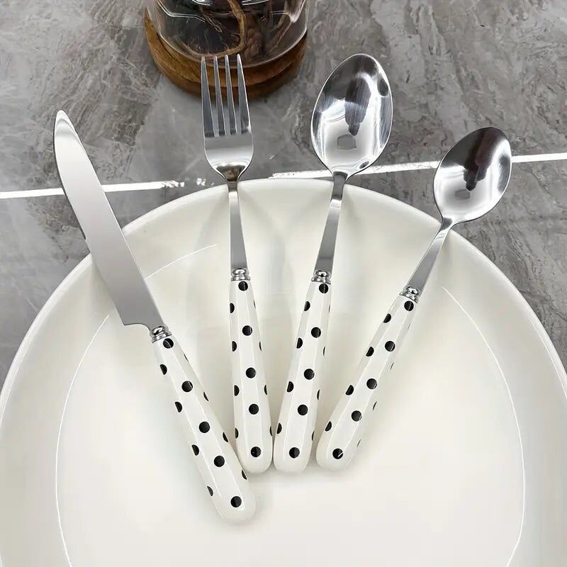 Ensemble de couverts en acier inoxydable à pois, 4 pièces, manche en céramique, vaisselle
