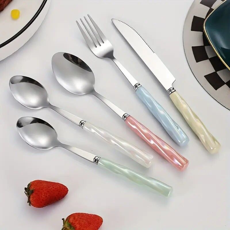 Ensemble de couverts colorés avec manche en céramique - Couteau, fourchette, cuillère en acier inoxydable