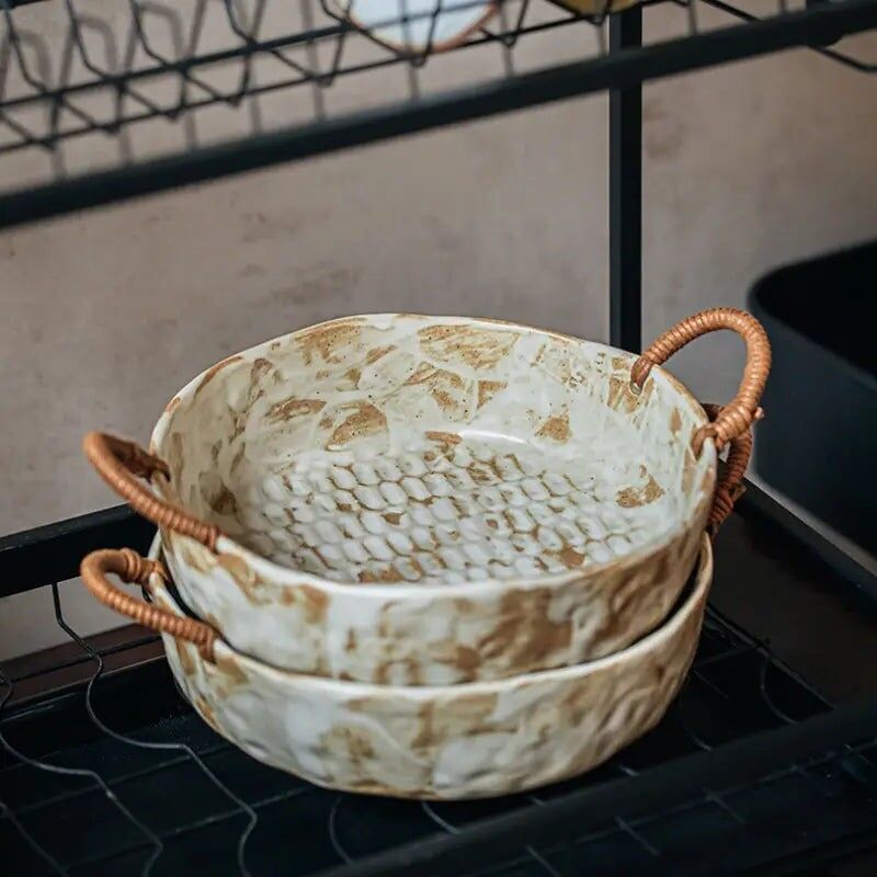 Ciotola rustica in ceramica - Manici in canapa, ciotola per cereali con macedonia di frutta