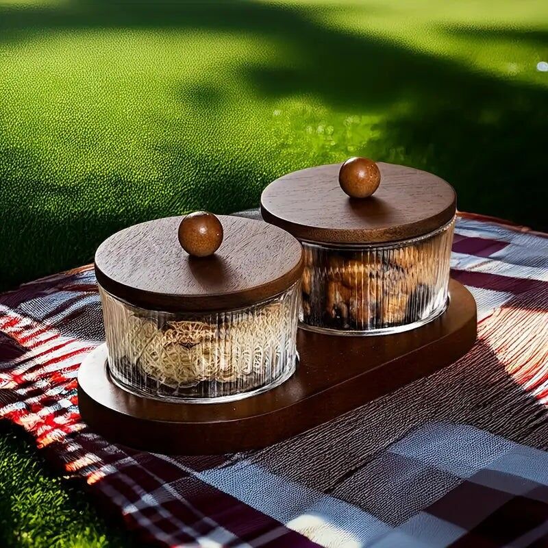 Set di barattoli per snack in vetro da 3/4/5/7 pezzi – Coperchi e vassoi in legno – Uso in cucina e soggiorno