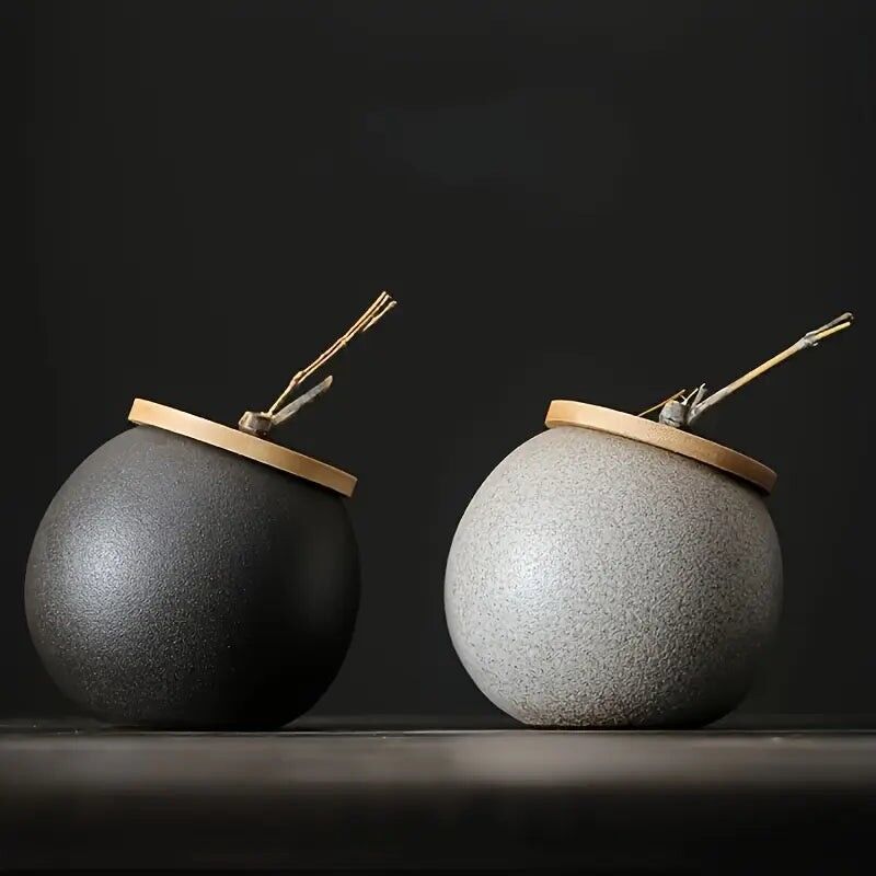 Contenitore per il tè in ceramica con coperchio in legno – Grande barattolo vintage in regalo