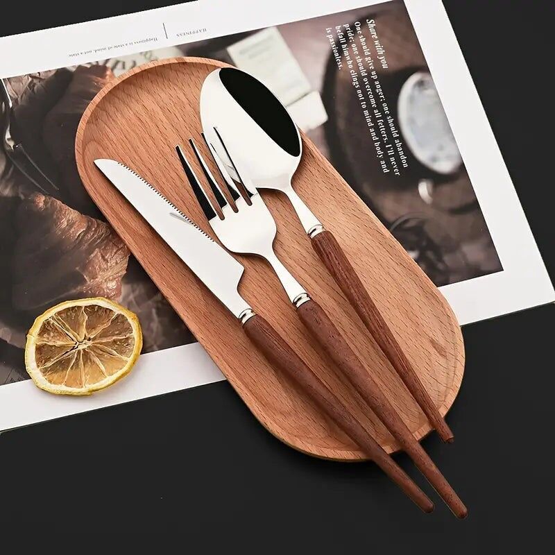 Set di posate da 24 pezzi con manici in legno – Eleganti stoviglie in acciaio inossidabile