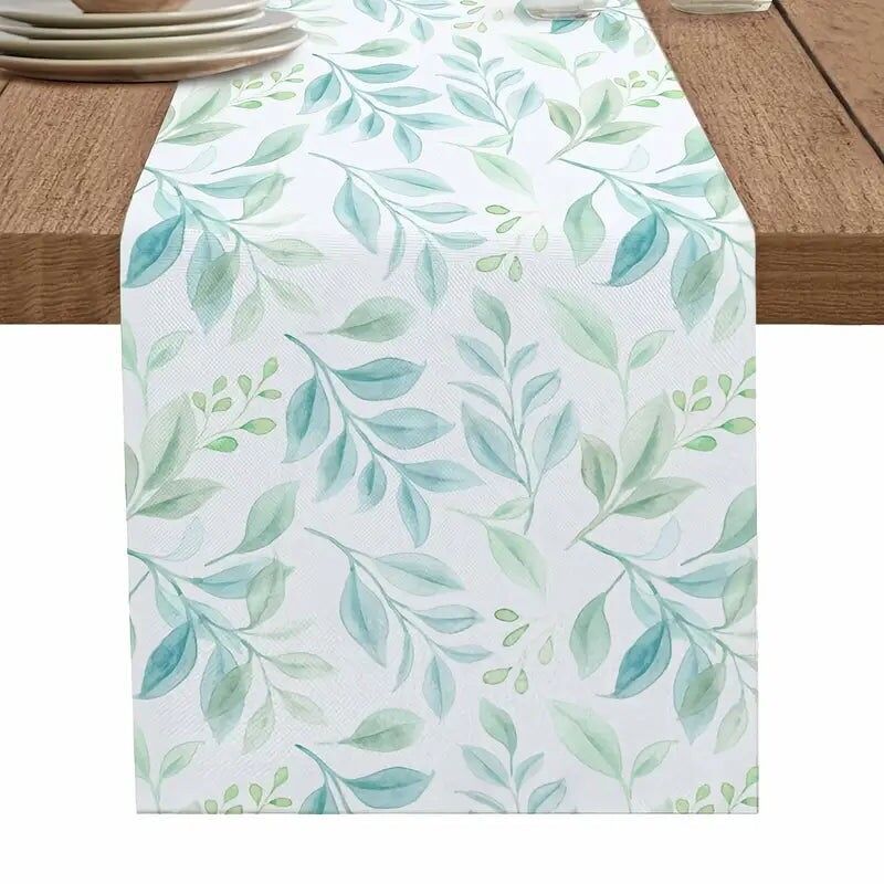 Runner da tavolo con foglie verdi – Decorazione in lino acquerello per tavolino da caffè o cucina