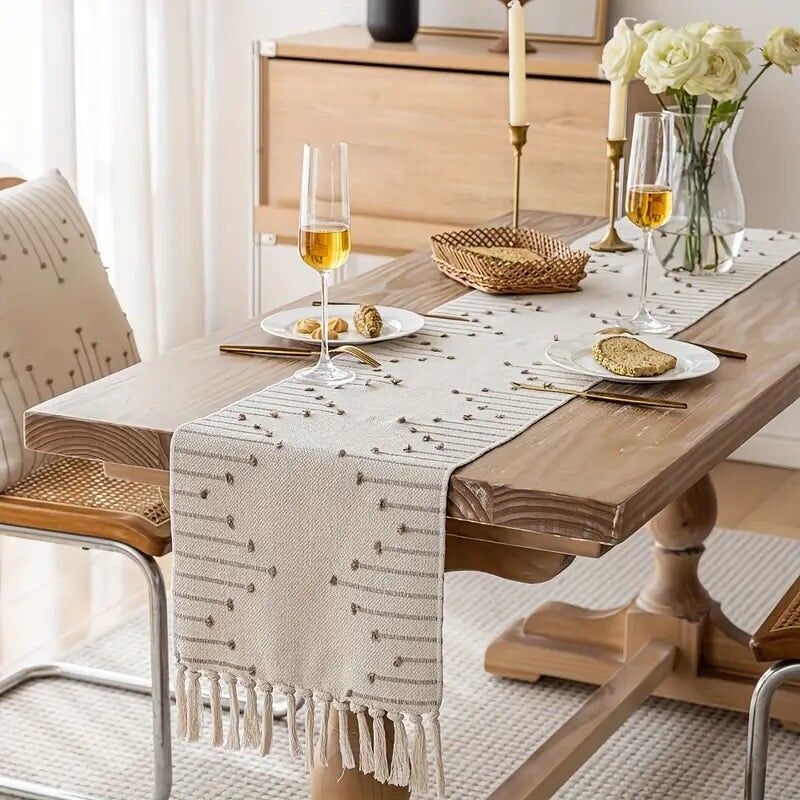 Runner da tavolo Boho Music Note – Lino con frange jacquard per sala da pranzo o mobili TV