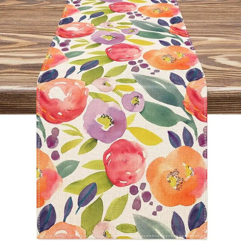 Runner da tavolo con fiori ad acquerello – Decorazione primaverile in lino arancione e verde, diverse misure