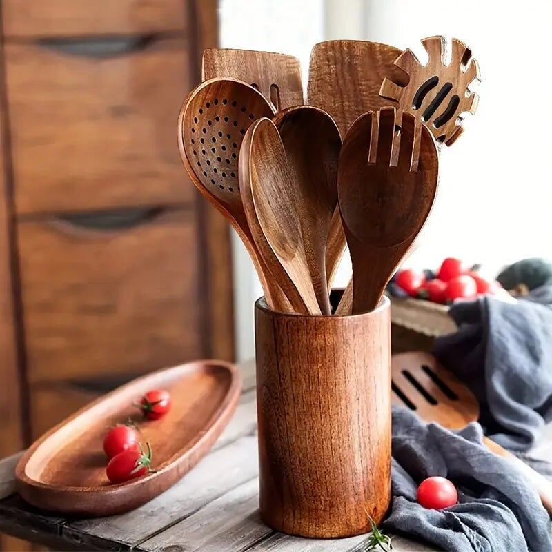 7 utensili da cucina in legno – utensili resistenti al calore per cucinare insalata e padella