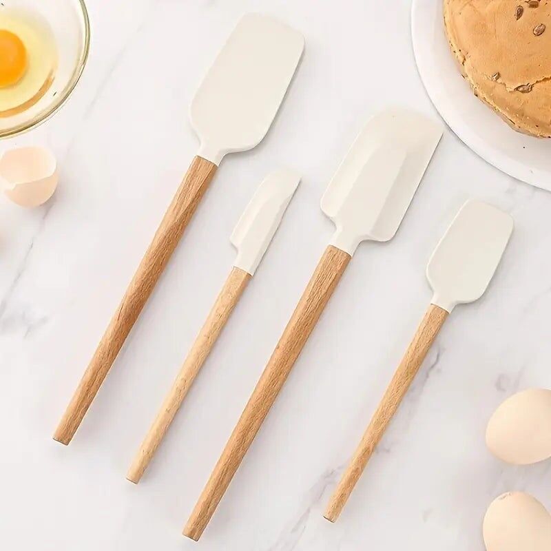 Set di 4 spatole in silicone – Raschietti resistenti al calore con manici in legno