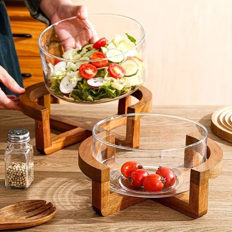 Ciotola per frutta in vetro con base in bambù: elegante piatto per snack o insalate