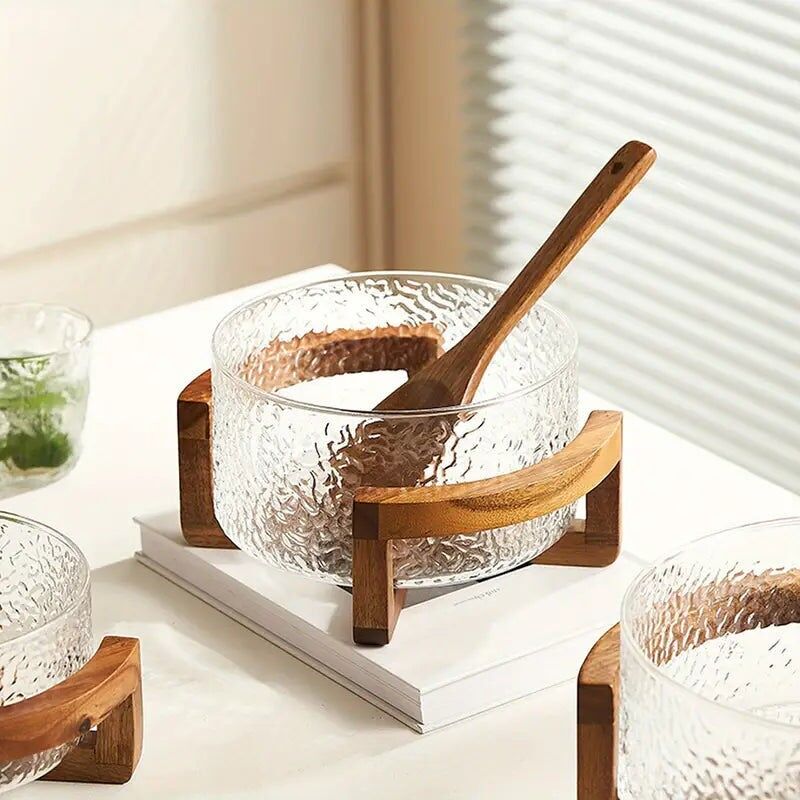 Set di 2 ciotole per frutta in vetro con base in legno – Elegante set di ciotole per insalata e snack