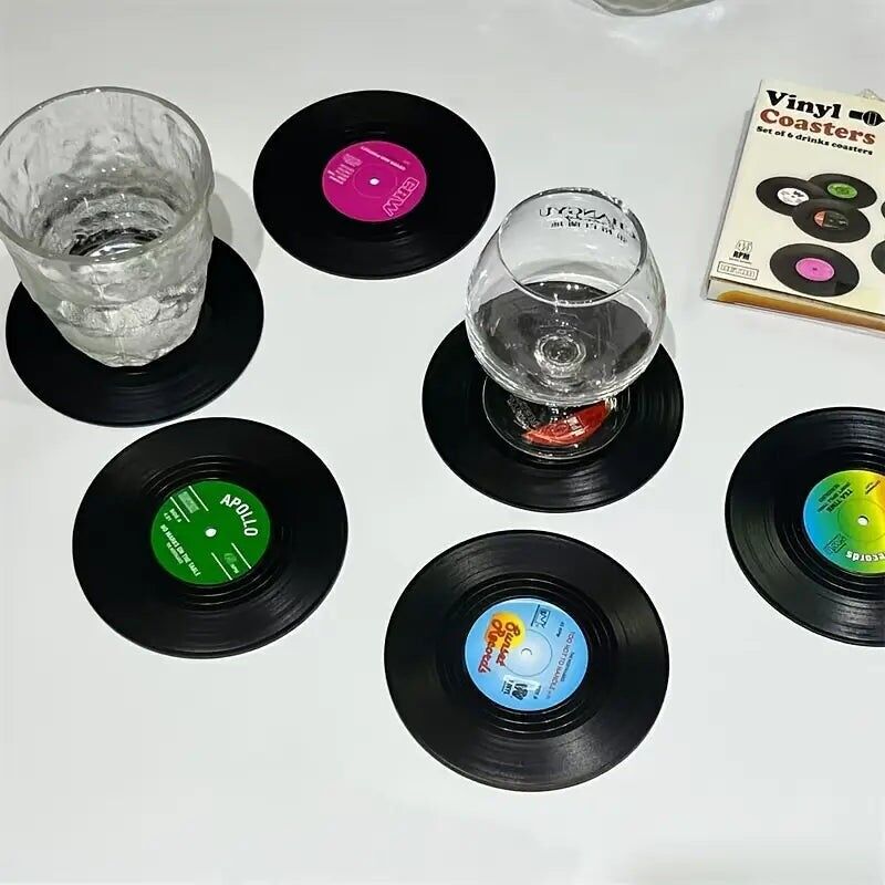 Confezione da 6 sottobicchieri in vinile retrò American Rock