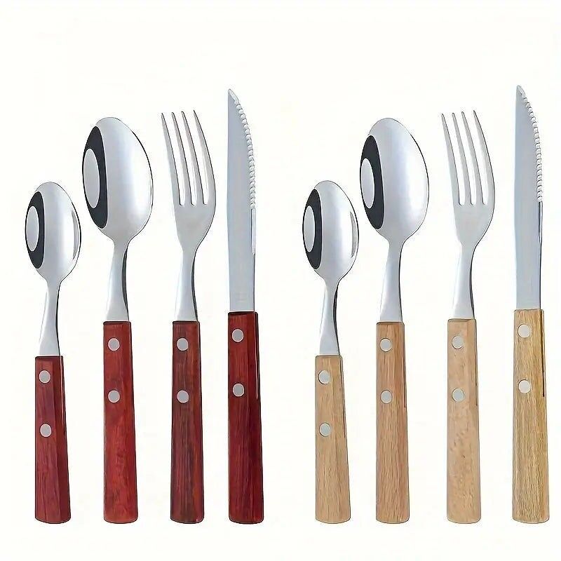 Set di posate in acciaio inossidabile da 16 pezzi con manici in legno a forma di fiore di pera finto