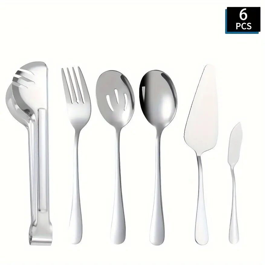 Set of 6 High-quality Stainless Steel Cutlery- Includes Tongs, Serving Spoon, Slotted Serving Spoon, Fork, Cake Shovel, And Butter Knife