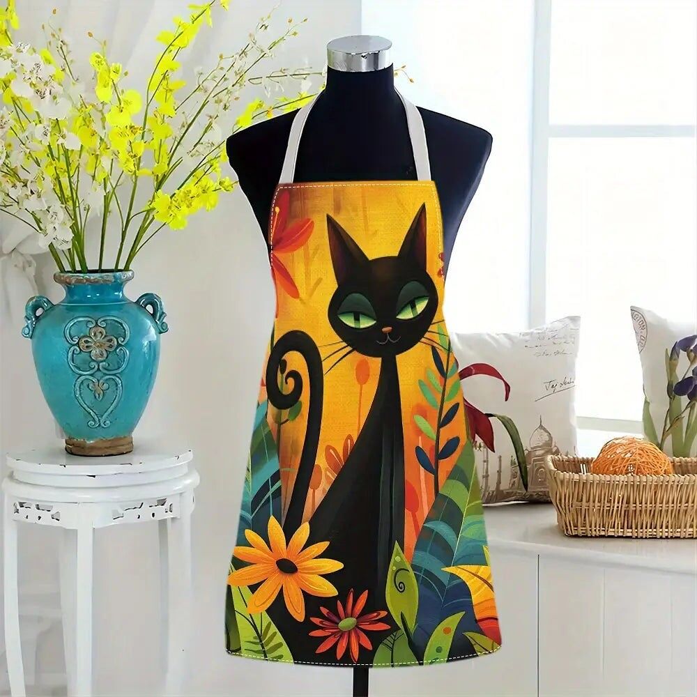 Grembiule da cucina in lino con motivo a gattino, facile da pulire e riporre
