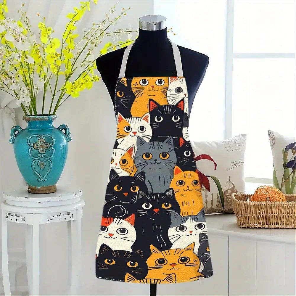1 grembiule in tessuto di lino con motivo a gatto