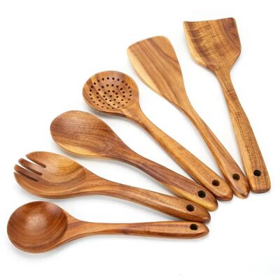 6pcs Teak Wooden Cooking Utensil Set - Comfort-Grip, Non-Stick, Smooth Finish Wood Spoons