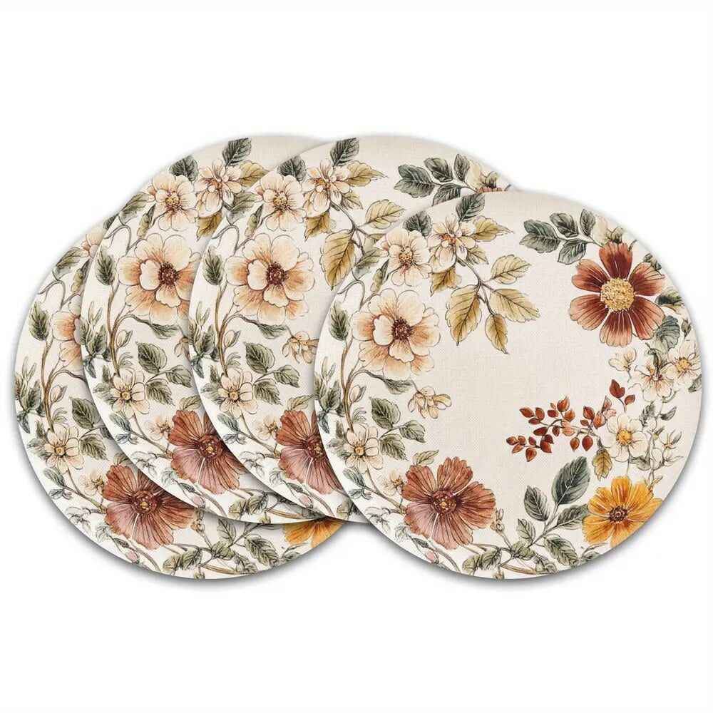 Set di 4 tovagliette in lino con ghirlanda floreale gialla - Tovagliette rotonde da 15 pollici, lavabili a mano, per la decorazione di sala da pranzo e cucina