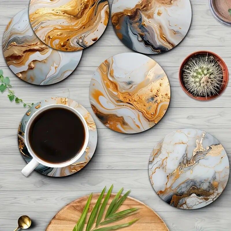 Set di 6 sottobicchieri in legno stampati in marmo bianco e oro