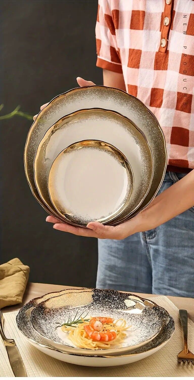 Elegante piatto da portata in ceramica con finiture dorate - 8/10 pollici