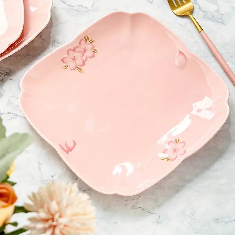 Set di stoviglie in ceramica Cherry Blossom - Piatti e ciotole rotondi con motivi floreali rosa/bianchi