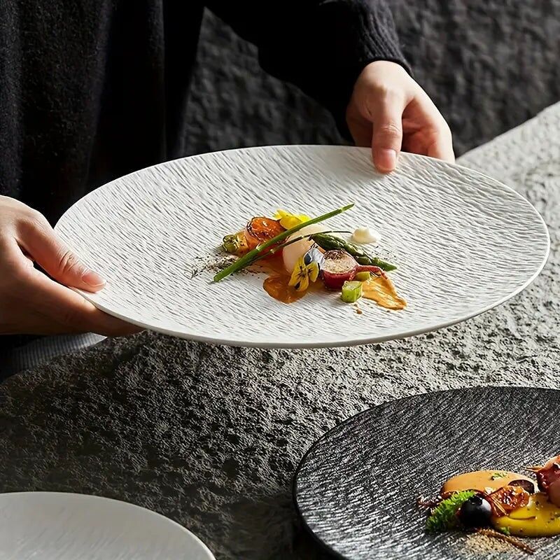 4 pezzi di piatti rotondi in ceramica con motivo a roccia bianca e nera