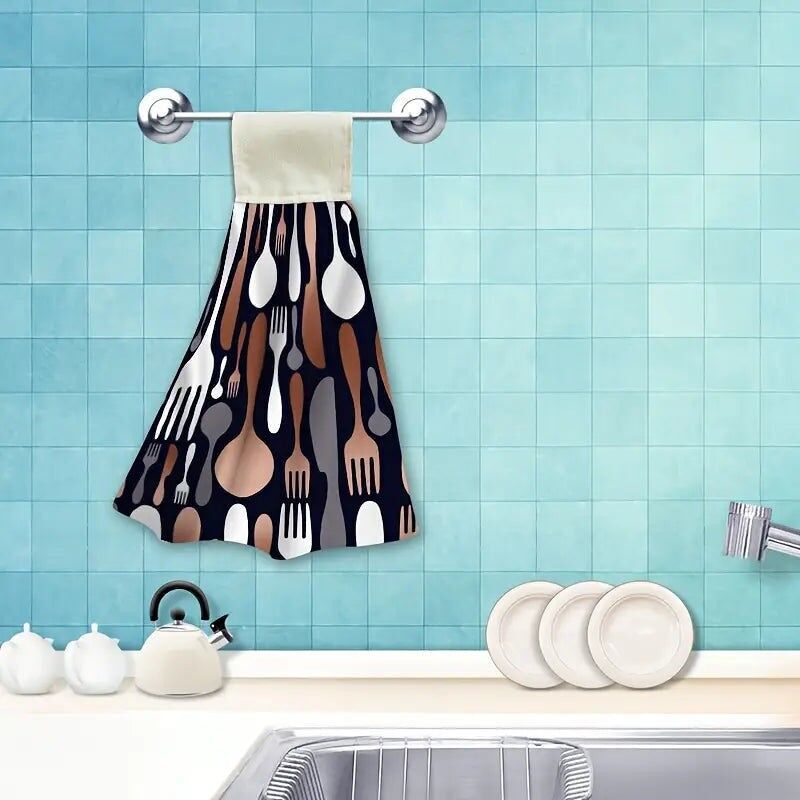 Set di 2 strofinacci da cucina moderni, motivo posate in rame