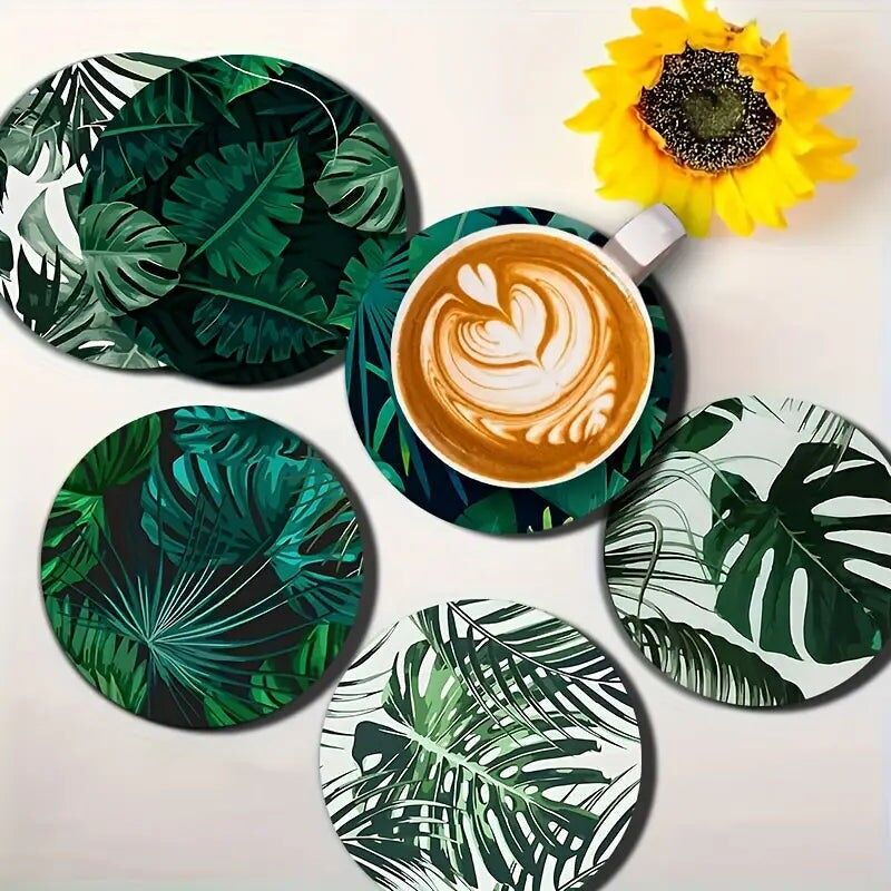 Set di 6 sottobicchieri in legno con motivo a foglie tropicali