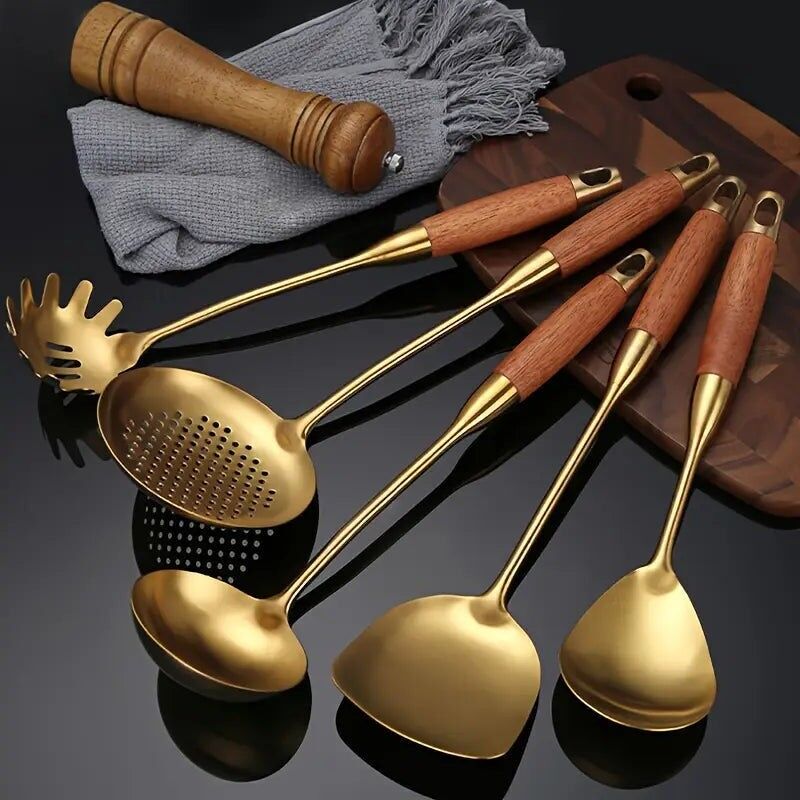 Set di 6 utensili da cucina di lusso in acciaio inossidabile dorato - Include spatola, mestolo, paletta forata
