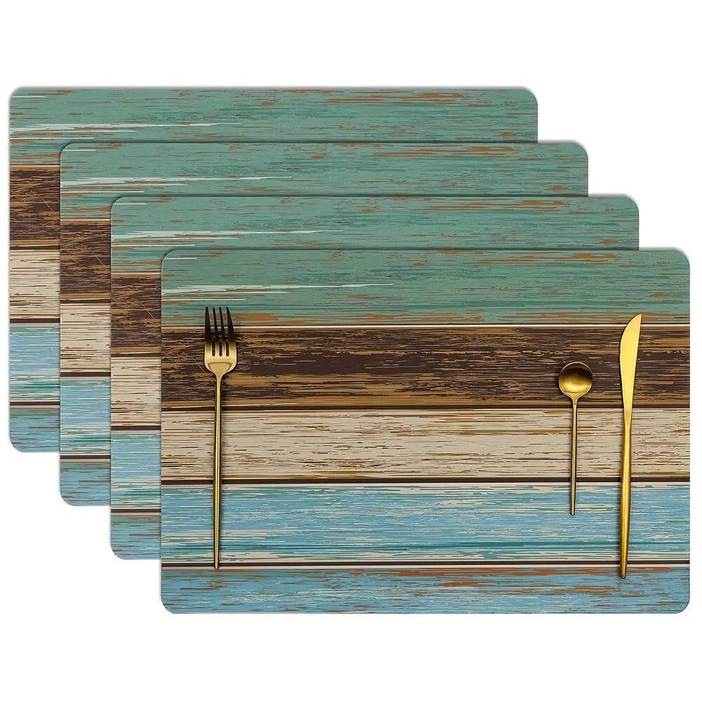 Set di 4 tovagliette intrecciate, motivo venature del legno blu e verde