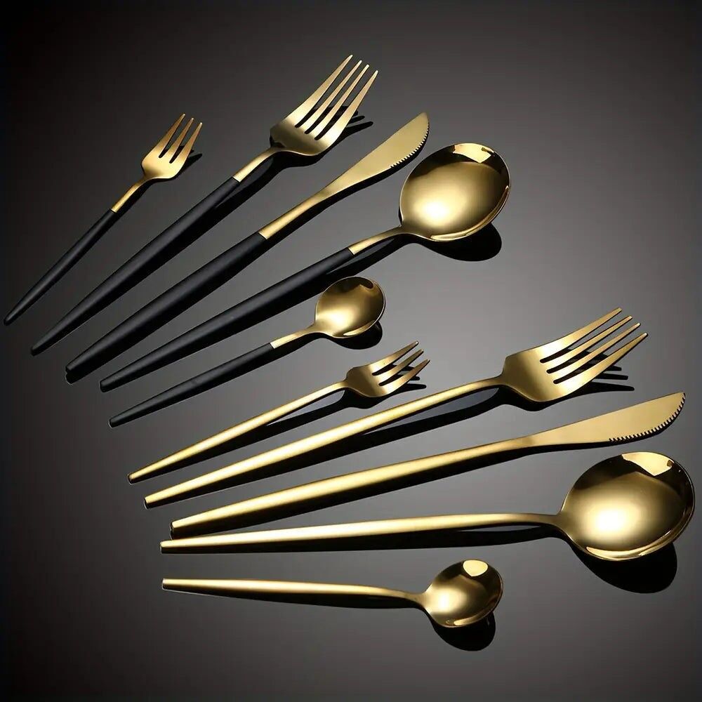 Set di 30 eleganti posate portoghesi in acciaio inossidabile - eleganti manici neri, finitura dorata