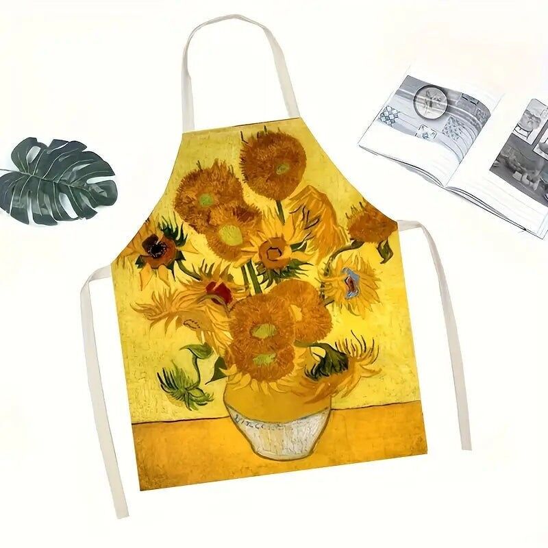 1 grembiule in lino con motivo a girasole, tessuto 100% lino