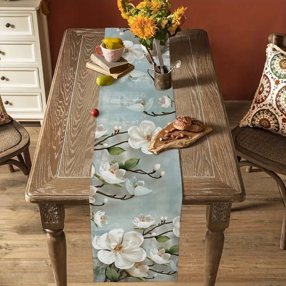 Elegant Watercolor Magnolia Table Runner