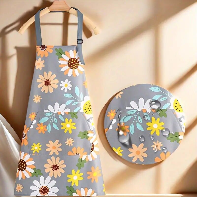 Grembiule impermeabile e resistente all'olio con stampa floreale e ampia tasca
