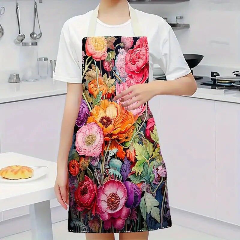 1 grembiule in lino con stampa floreale, resistente all'olio e alle macchie