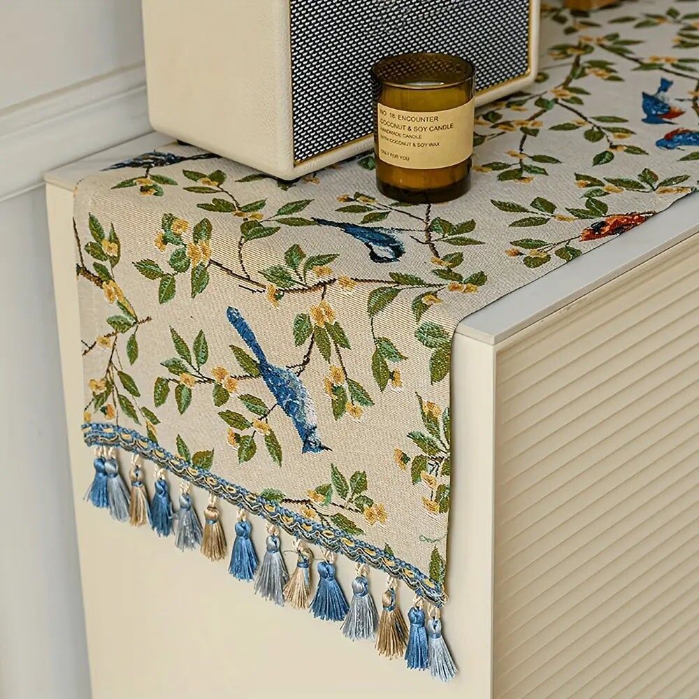 Vintage Floral and Bird Jacquard Tassel Table Runner
