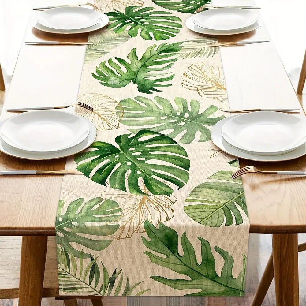 Tropical Palm Leaves Table Runner - Monstera Greenery Design