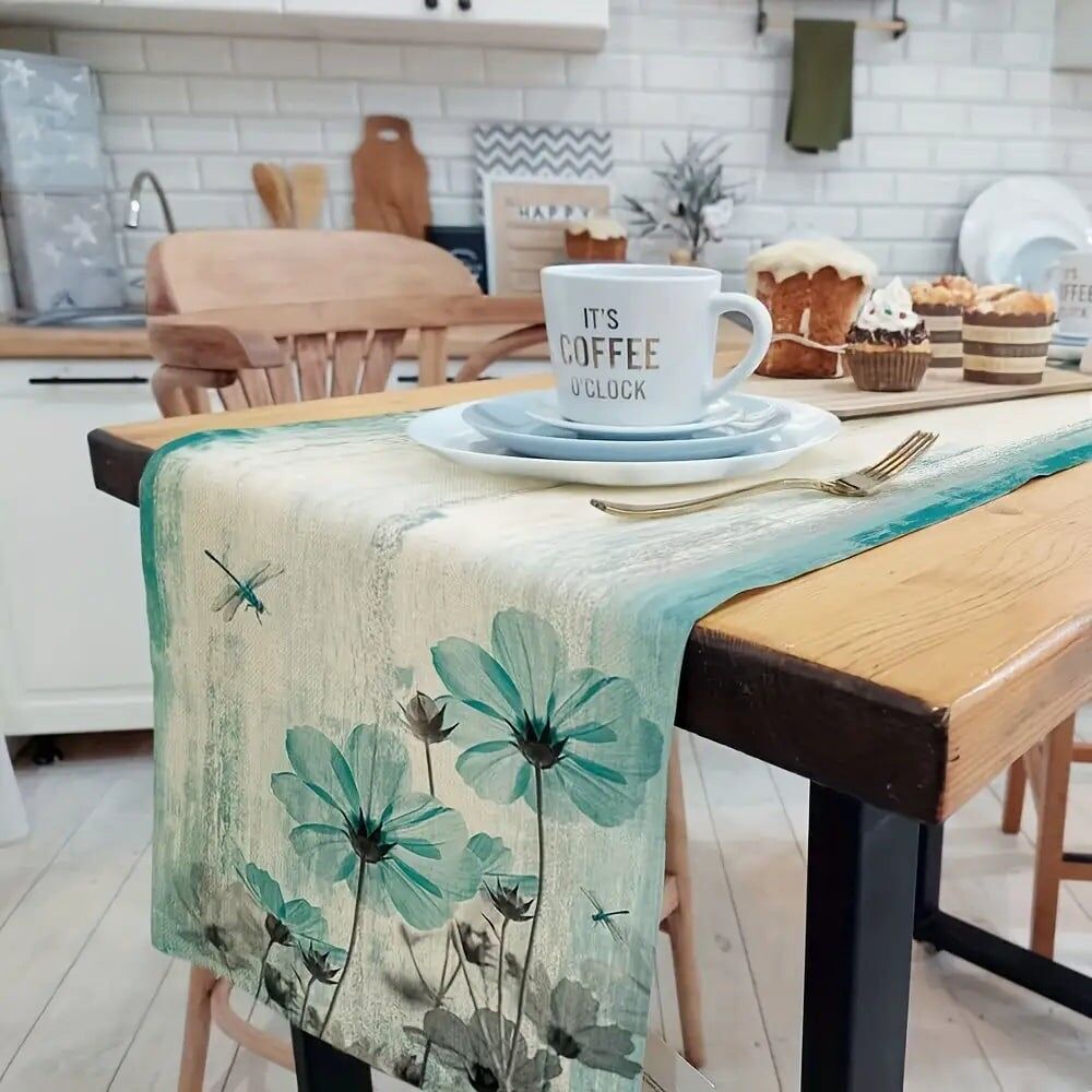1pc Teal Flowers And Dragonfly Pattern Table Runner
