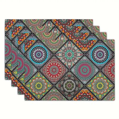 4pcs, Boho Mandala Placemats - Ethnic Traditional Pattern With Geometric Plaids