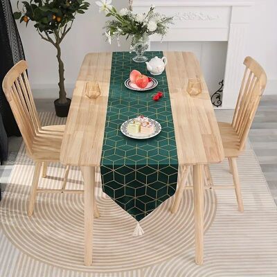 1pc Green Prismatic Gilded Table Runner With Tassel