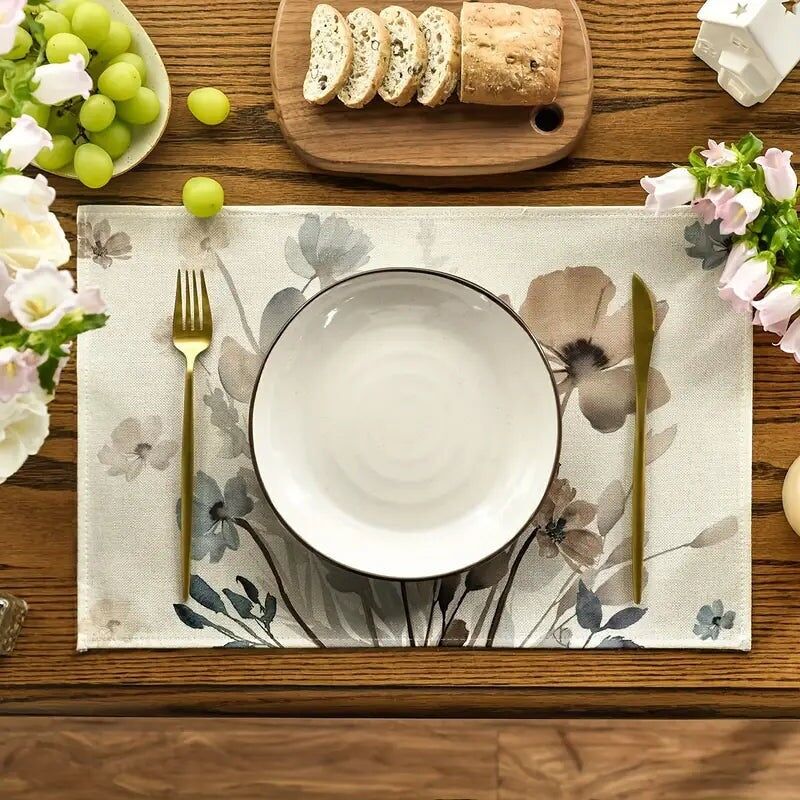 4 manteles individuales, diseño de amapolas marrones con hojas florales de primavera