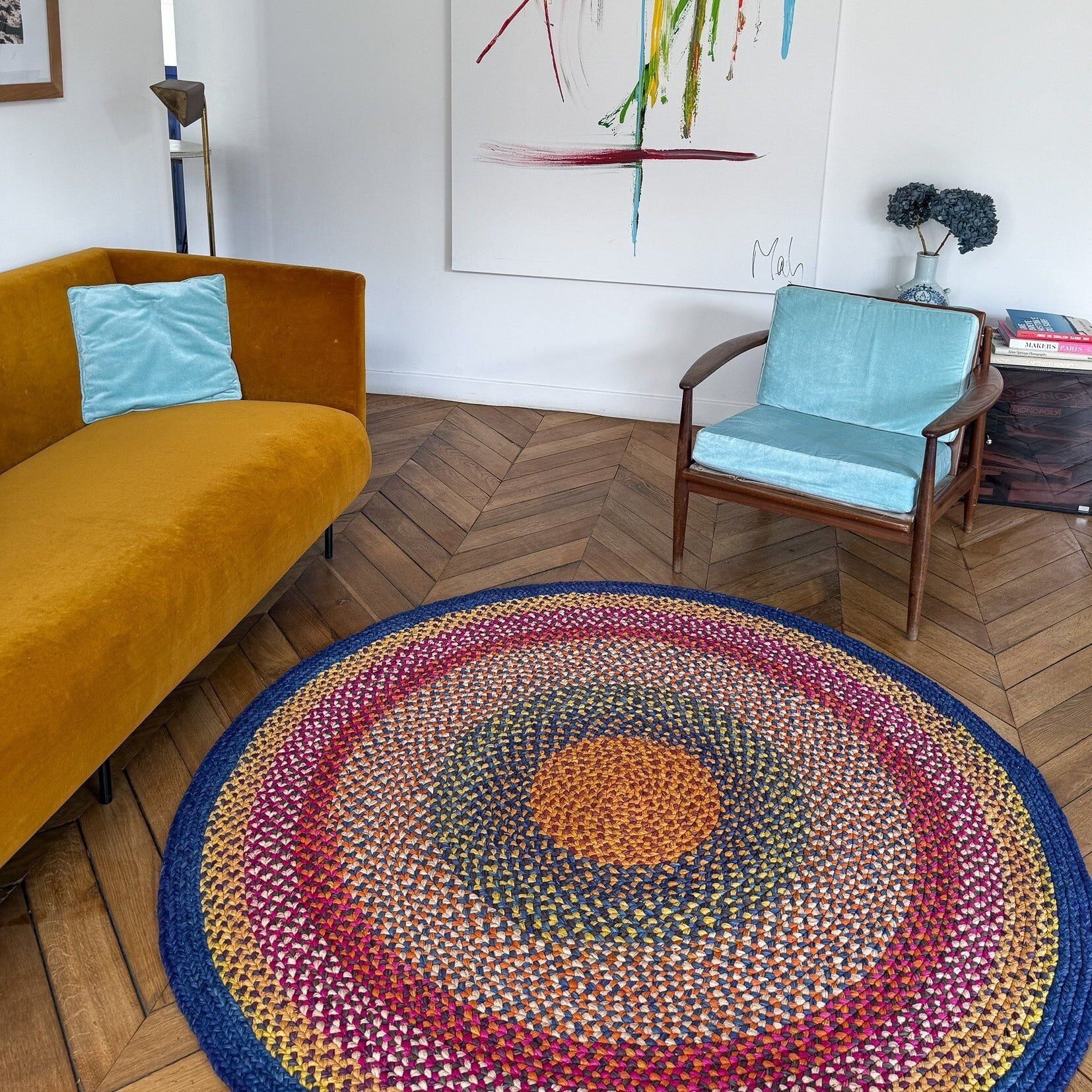 Round rug in blue, red and orange – 160 cm