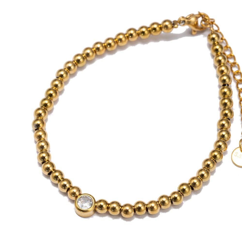Ball bracelet with gemstone - stainless steel 14K gold plated - synth.Zirconia