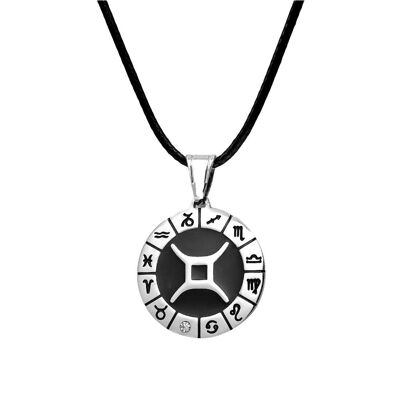 Zodiac necklace with leather cord - Gemini - stainless steel pendant