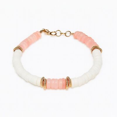 Pulsera heishi de concha blanca y perla rosa