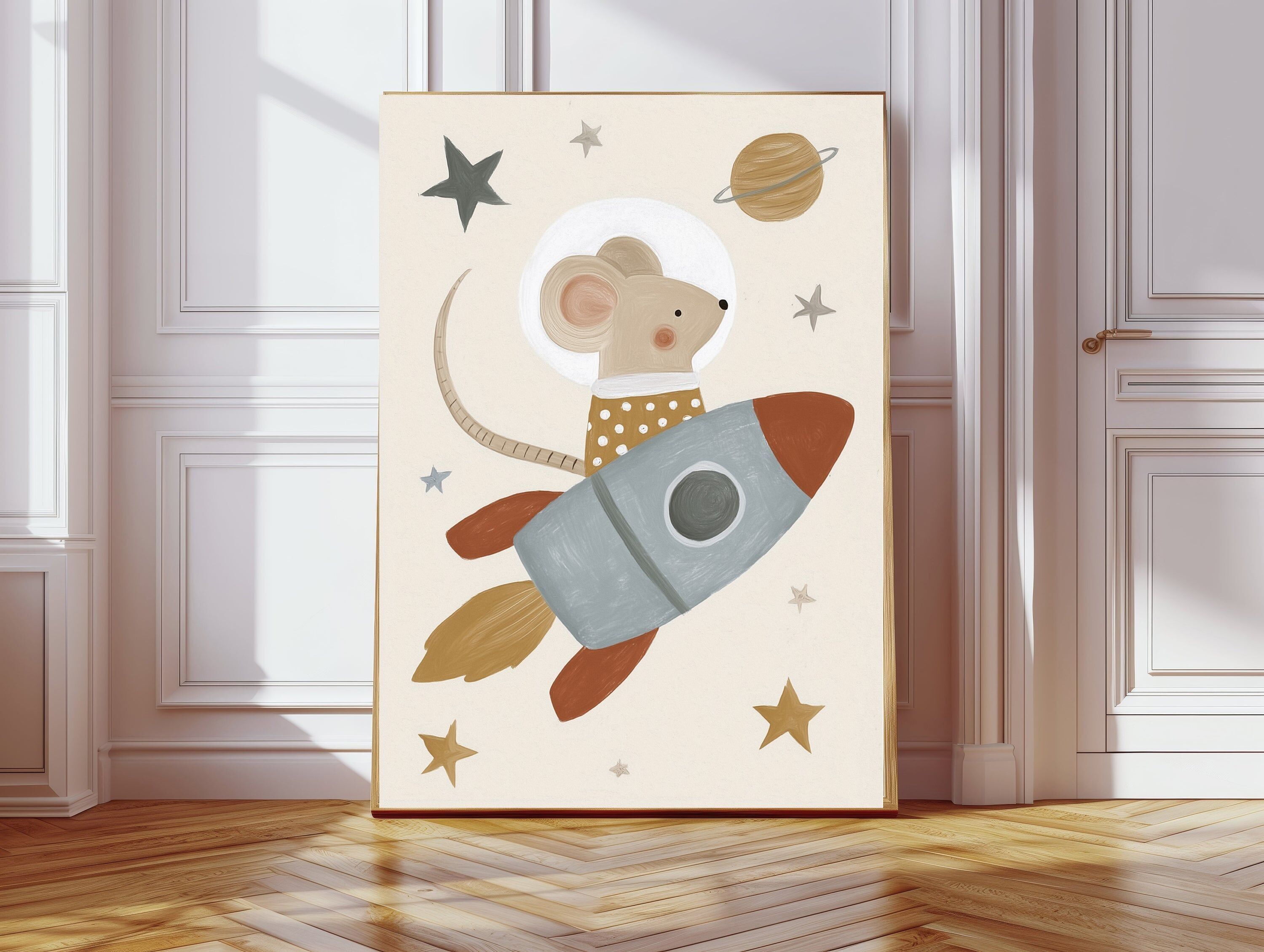Rakete Space Mouse Kinderzimmer Kunstdruck